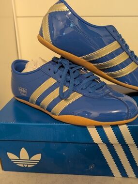 adidas Blue Patent Leather Sneakers with Silver Stripes Tokyo W